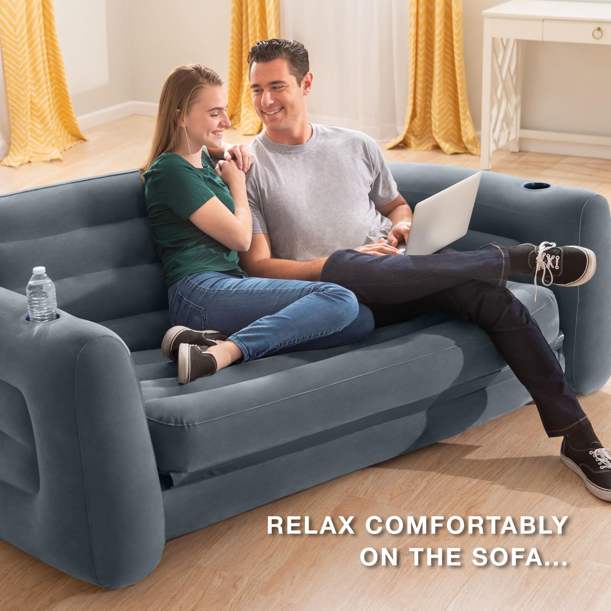 Intex Inflatable Pull-Out Sofa: Velvety Surface, 2-In-1 Valve, Cupholder, 46'' X 88'' X 26'' - Blow-Up Couch And Folding Queen S