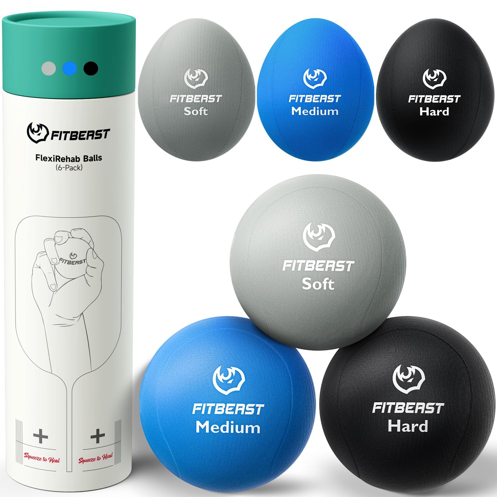 Fitbeast Stress Balls For Adults, Squeeze Balls For Hand Therapy, 6-Pack Hand Therapy Balls, Tri-Density Hand Exercise Ball For