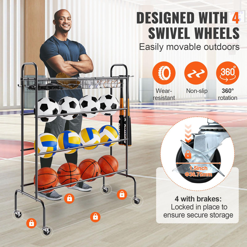 Vevor Basketball Rack, 4-Layers Rolling Basketball Shooting Training Stand, Sports Equipment Storage Organizer With Wheels, Hook