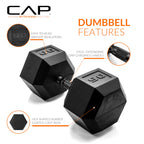 CAP Barbell 90 LB Rubber Coated Hex Dumbbell Hand Weight - Pair | Black Handle