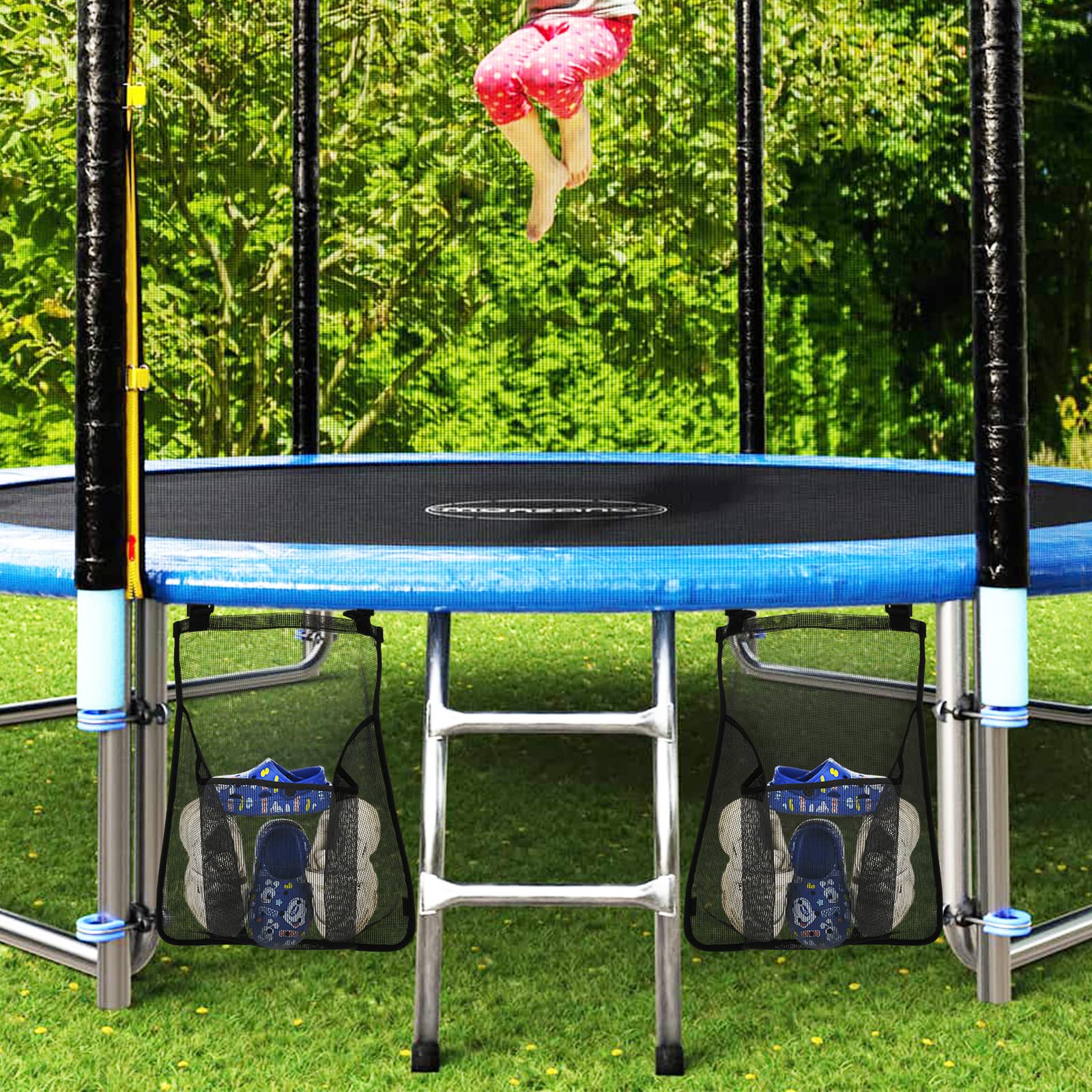 2 Pieces Trampoline Shoes Bag, Black Trampoline Storage Mesh Bag With 2 Hook And Loop Strap, Trampoline Shoe Holder, Indoor Fitn