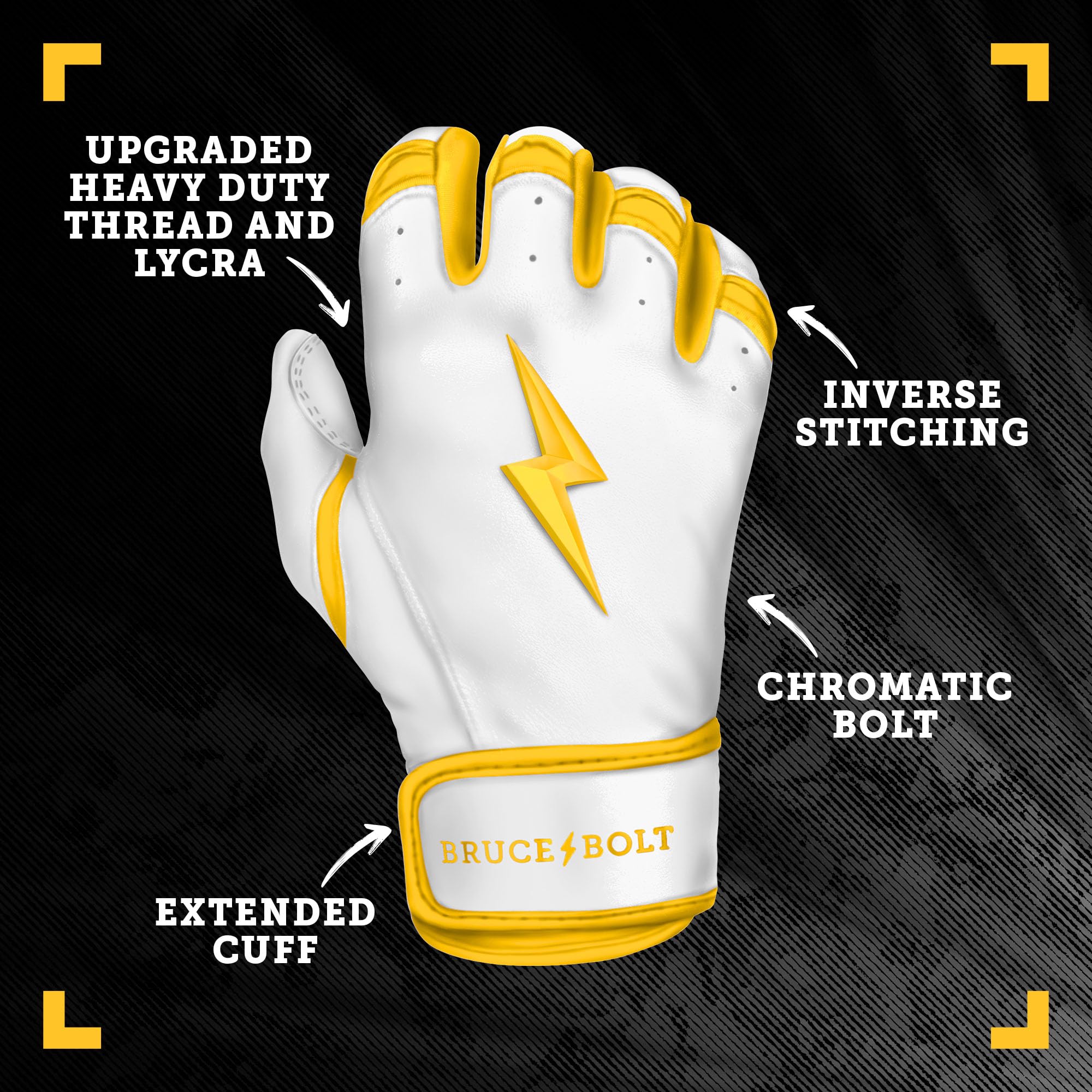 BRUCE BOLT Chrome Series Short Cuff Yellow Batting Glove - Yellow Medium
