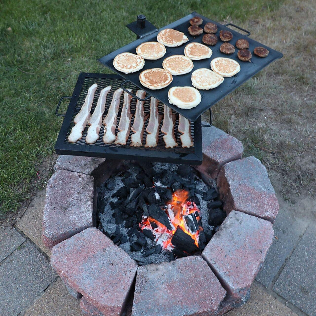Gamemaker - Open Fire Cooking Gravity Combo Grill & Skillet, Ultimate Camping Cooking Tool Black, Grill Dimensions: 18.5 X 16.37
