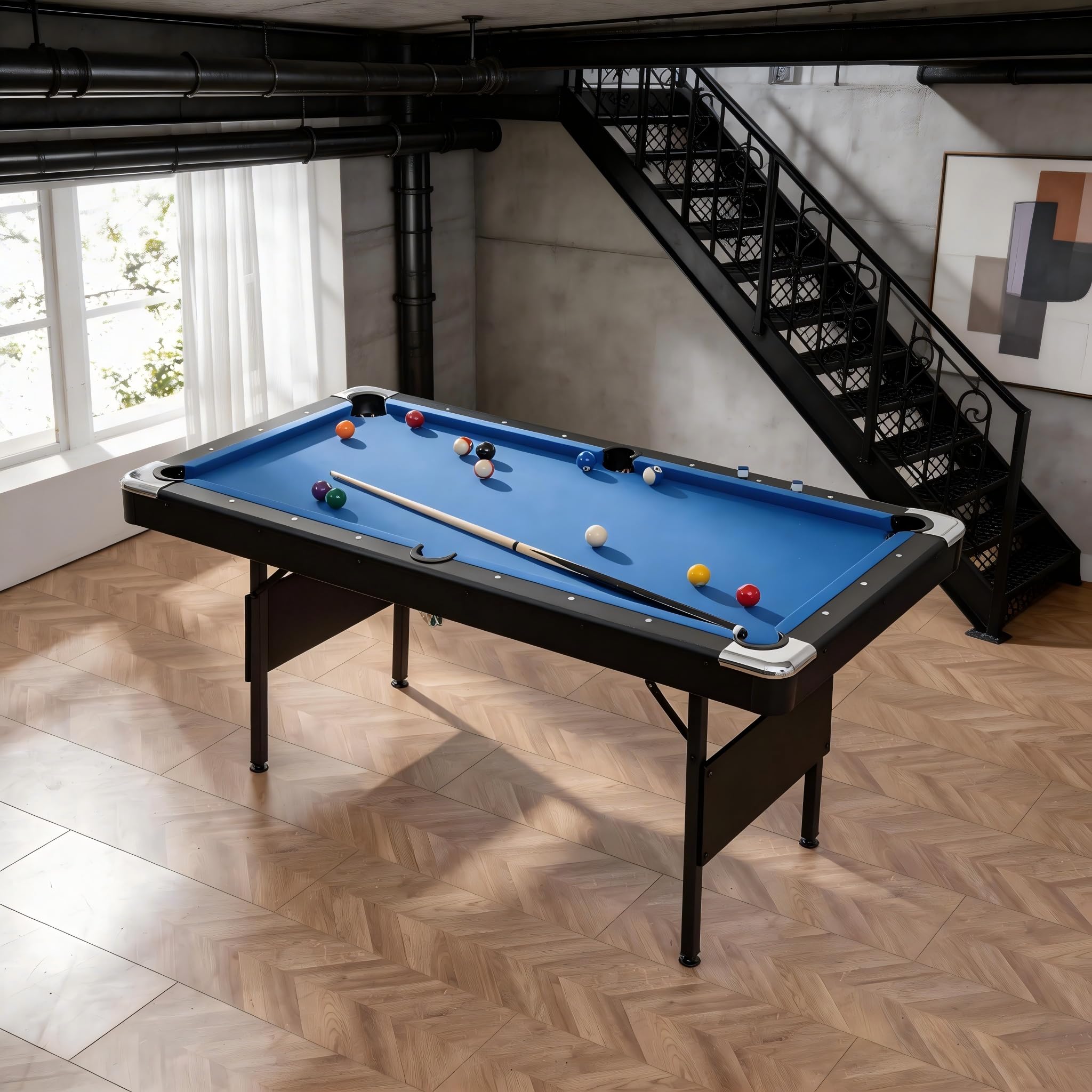 KEIKI 5.3FT Foldable Pool Table for Small Spaces, Portable Billiards Table with Cue Sticks & Balls, Indoor Game Table for Home, 