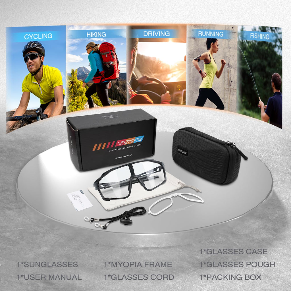 Vozapow Photochromic Cycling Glasses For Men Women, Uv Protection Tr90 Frame Sports Sunglasses For Mtb, Riding, Running, Fishing