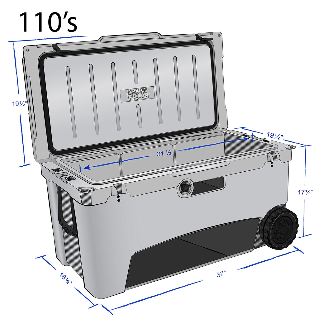 Frosted Frog Gray 110 Quart Ice Chest Heavy Duty High Performance Roto-Molded Commercial Grade Insulated Cooler With Wheels