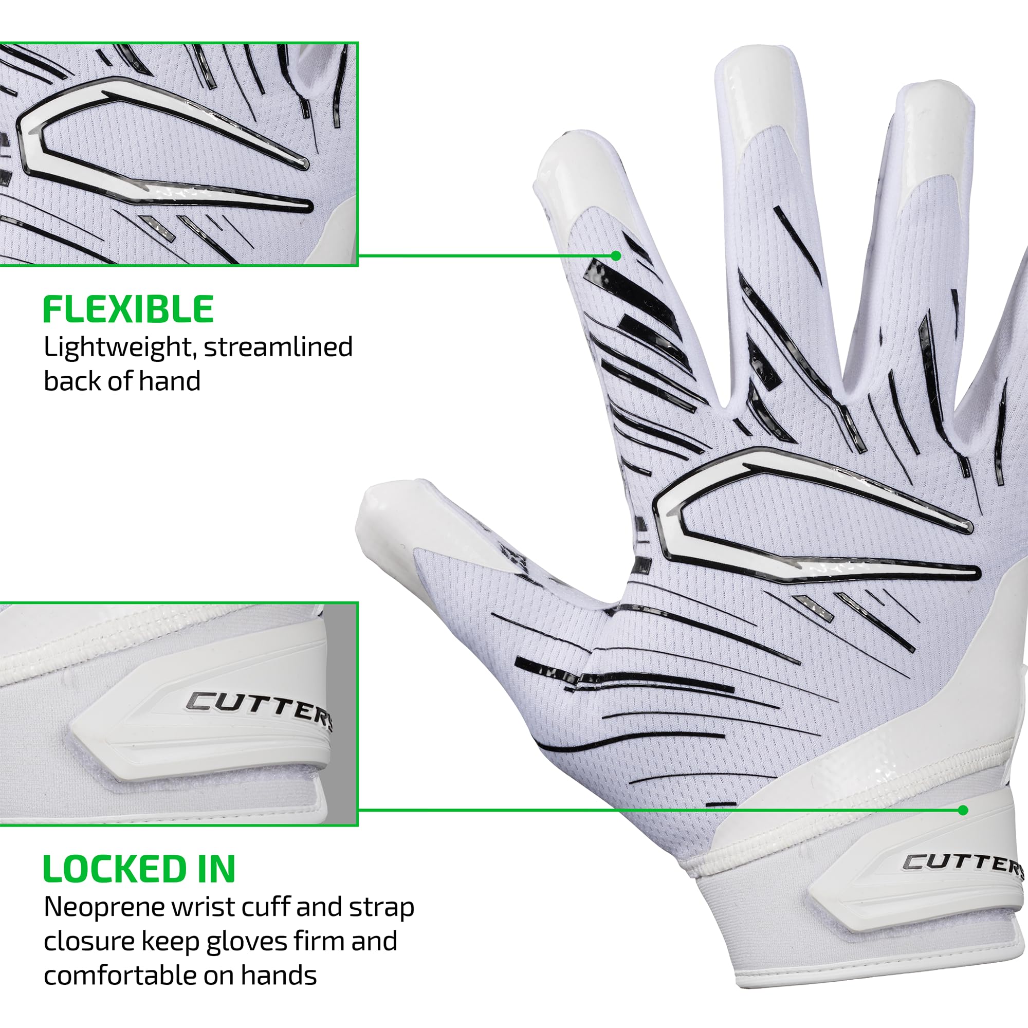 Cutters Football Gloves - Game Day Football Receiver Gloves with High Tack Silicone Grip, Superior Support and Protection - Whit