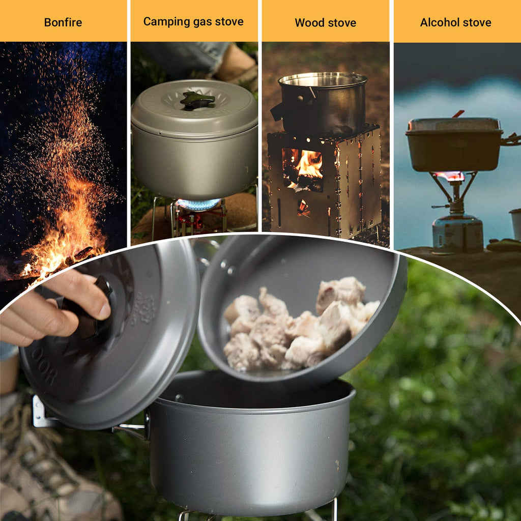 Bulin Camping Cookware Mess Kit, Backpack Portable Campfire Cooking Pots Pans Kettle Set, Durable Lightweight Aluminum Cook Gear