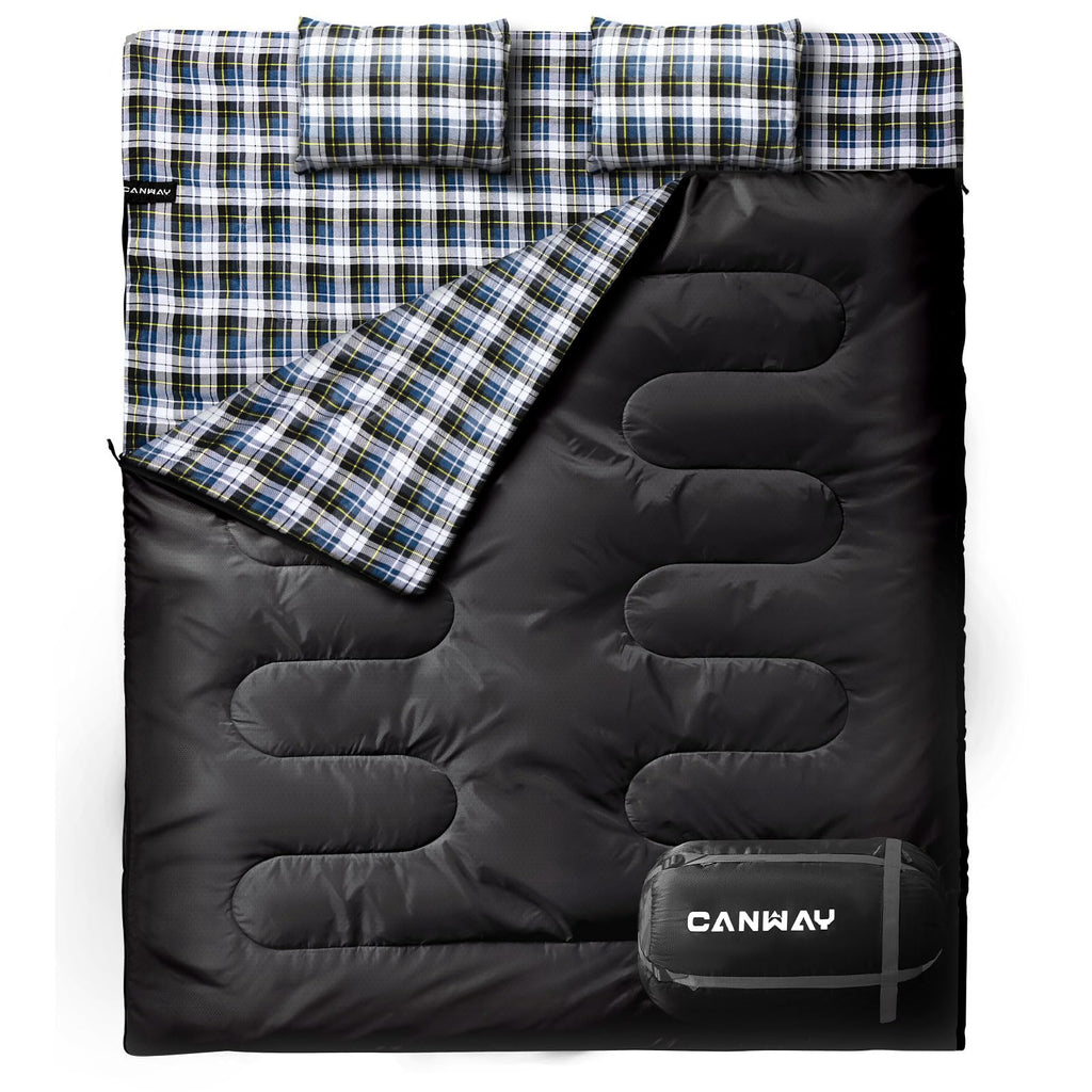 Canway Flannel Double Sleeping Bag For Adults With 2 Pillows 2 Person Sleeping Bags Camping Xxl Queen Size Two Person Sleeping B