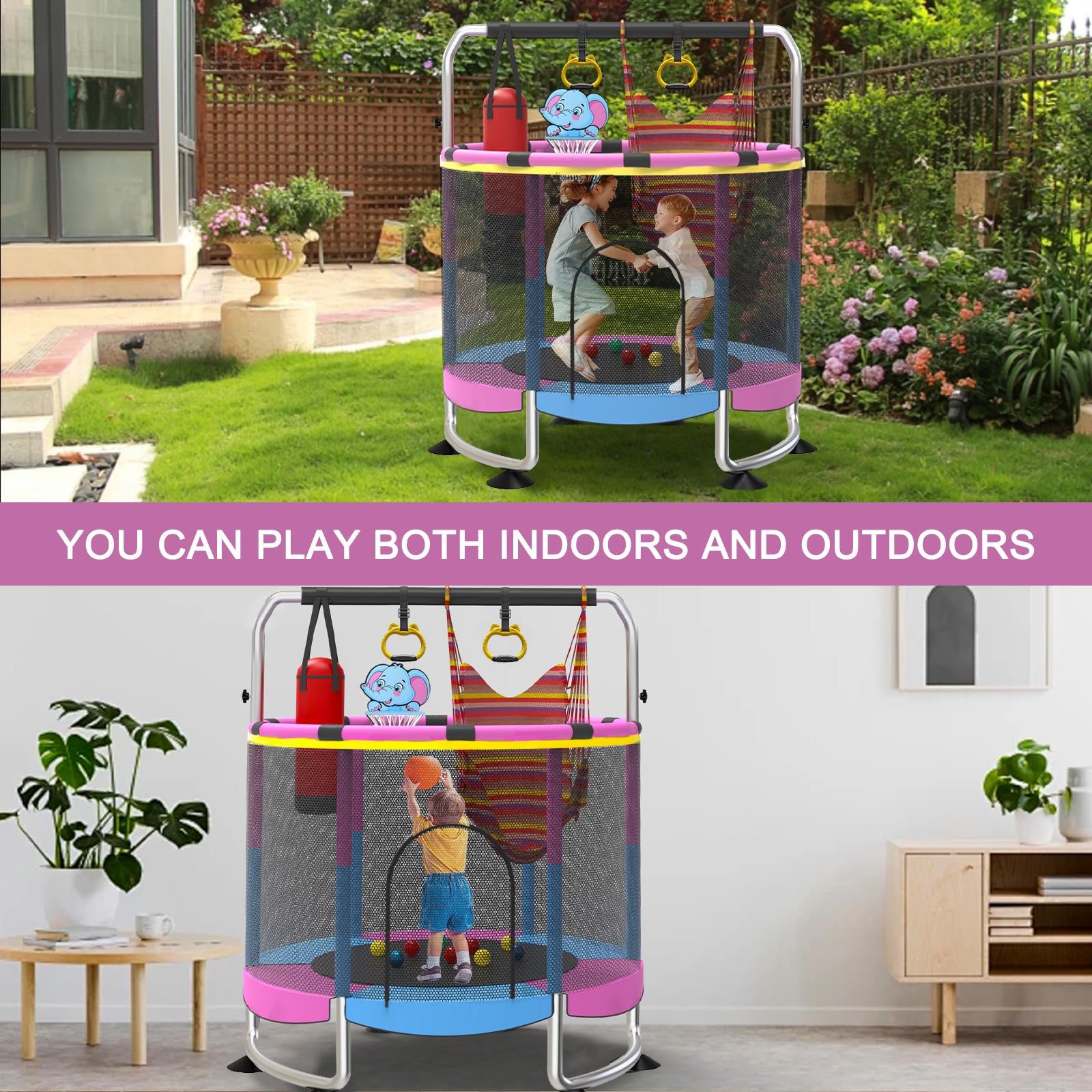 Trampoline for Kids, 60 Toddler Trampoline Indoor Outdoor, 440lbs KidsTrampoline with Enclosure Net, Upgraded Ring Legs with Adj