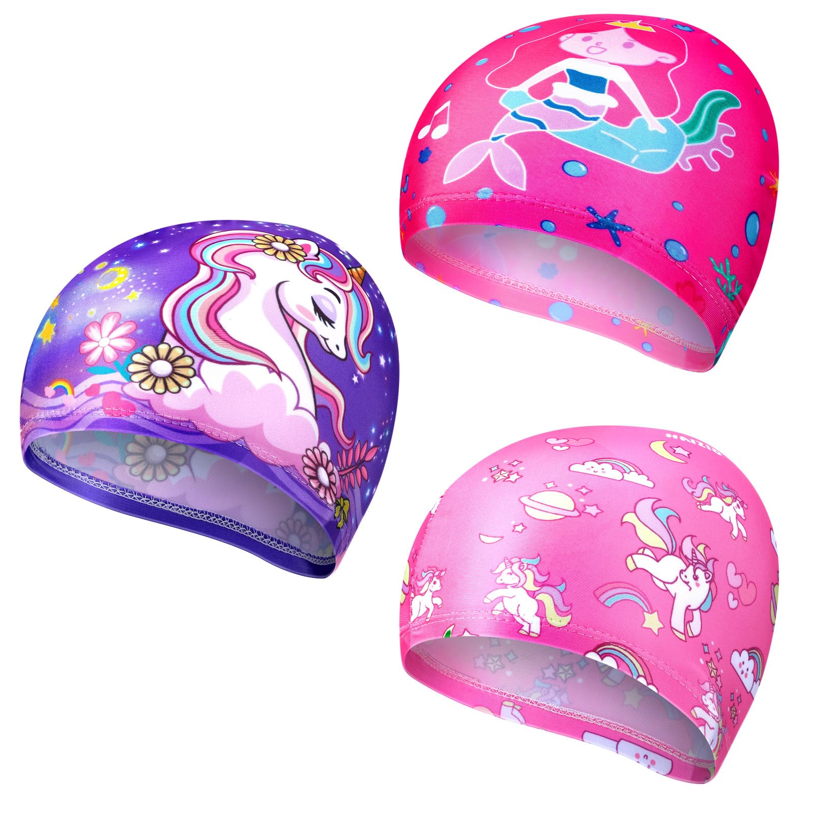 Geyoga 3 Pcs Kids Swim Caps for Boys Girls Age 2-12 Swimming Hat Pool Cap Child Swim Hat for Toddler Youth(Purple, Pink,Dreamy S