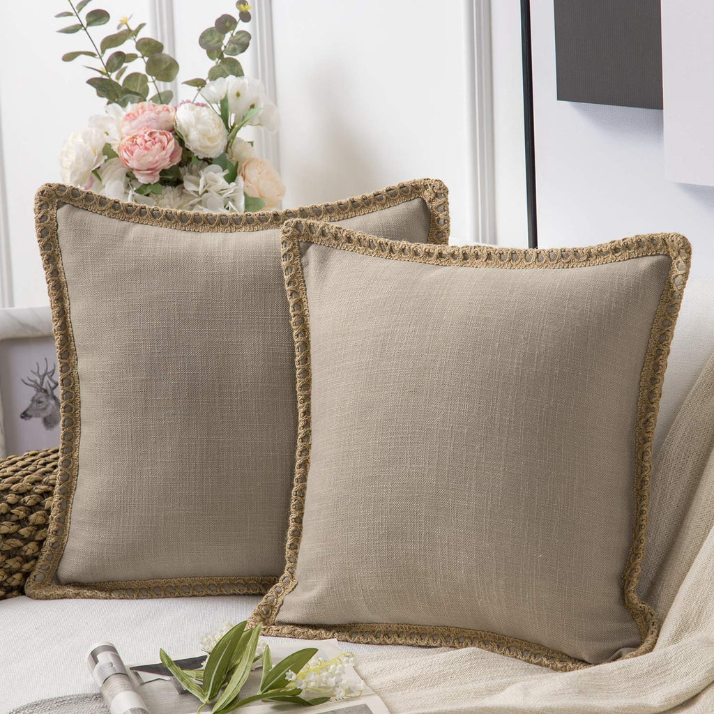 Phantoscope Pack Of 2 Farmhouse Decorative Throw Pillow Covers Burlap Linen Trimmed Tailored Edges Beige 18 X 18 Inches, 45 X 45