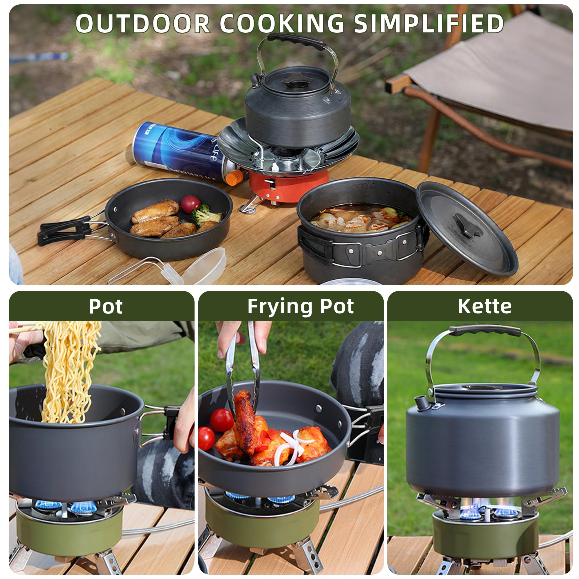 Aigear 3Pcs Camping Cookware Mess Kit, Non-Stick Camping Pan Pot Kettle, Lightweight Aluminum, Collapsible Portable Camping Cook