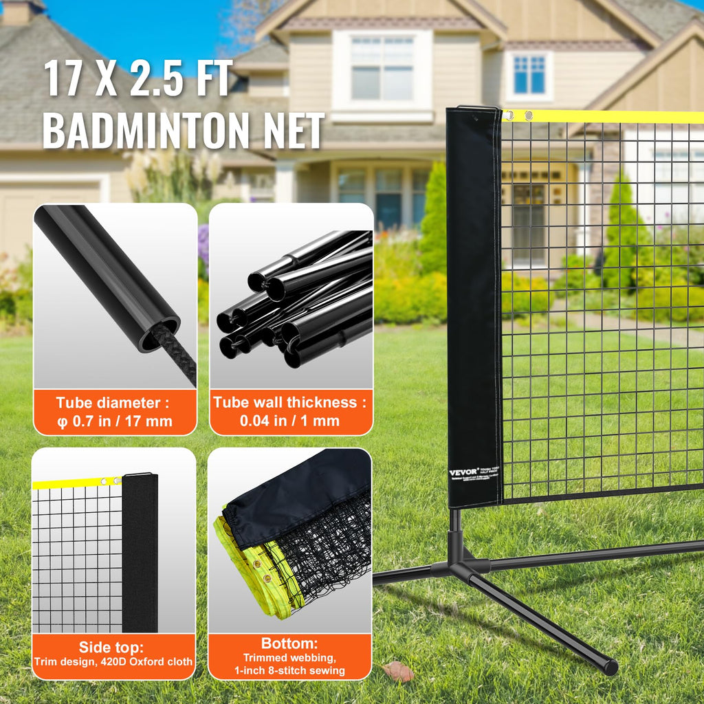 Vevor Badminton Net, Height Adjustable Volleyball Net, 17Ft Wide Foldable Pickleball Net, Portable Easy Setup Tennis Net Set Wit