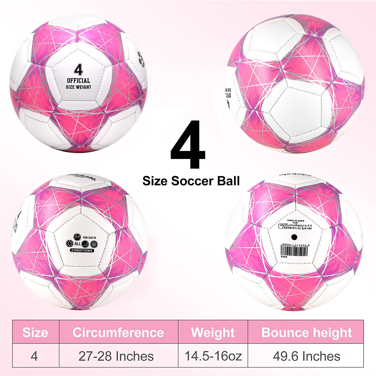 Steefan Pink/Blue/Teal Soccer Ball Size 4 For Kids Outdoor Play,Color Change Soccer Official Ball With Needles And Air Pump,Gift