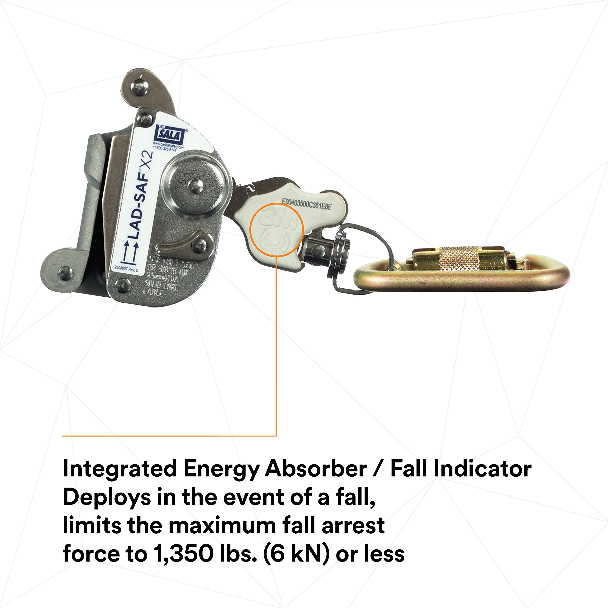3M Dbi-Sala 6160030 Lad-Saf Sleeve With Carabiner, Cam And Inertial Locking Fits 3/8'''' And 5/16'''' Diameter, Silver