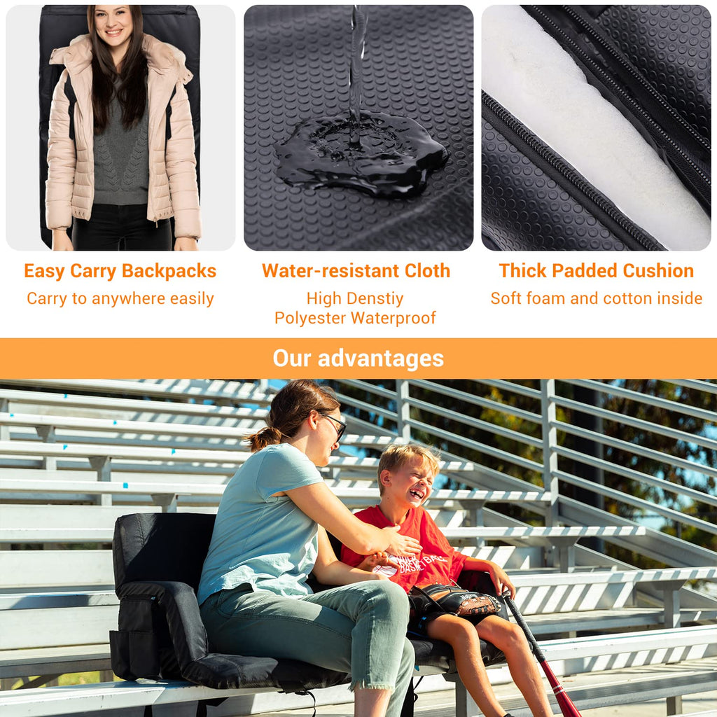 Sportneer Stadium Seats with Back Support: 2.5 Thick Comfy Cushion 6 Adjustable Angle Bleacher Seat with Armrest - 2 Large Poc