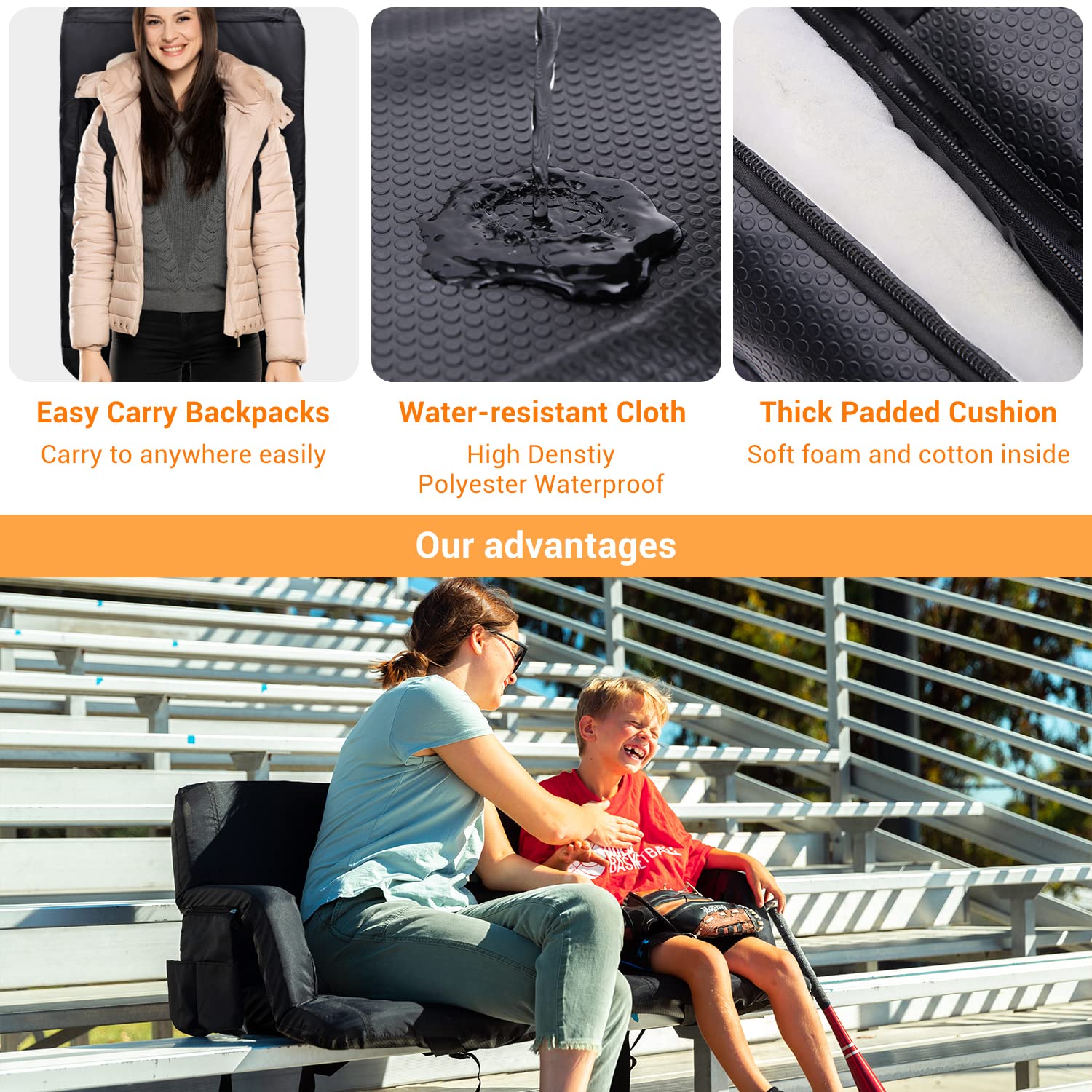 Sportneer Stadium Seats with Back Support: 2.5 Thick Comfy Cushion 6 Adjustable Angle Bleacher Seat with Armrest - 2 Large Poc