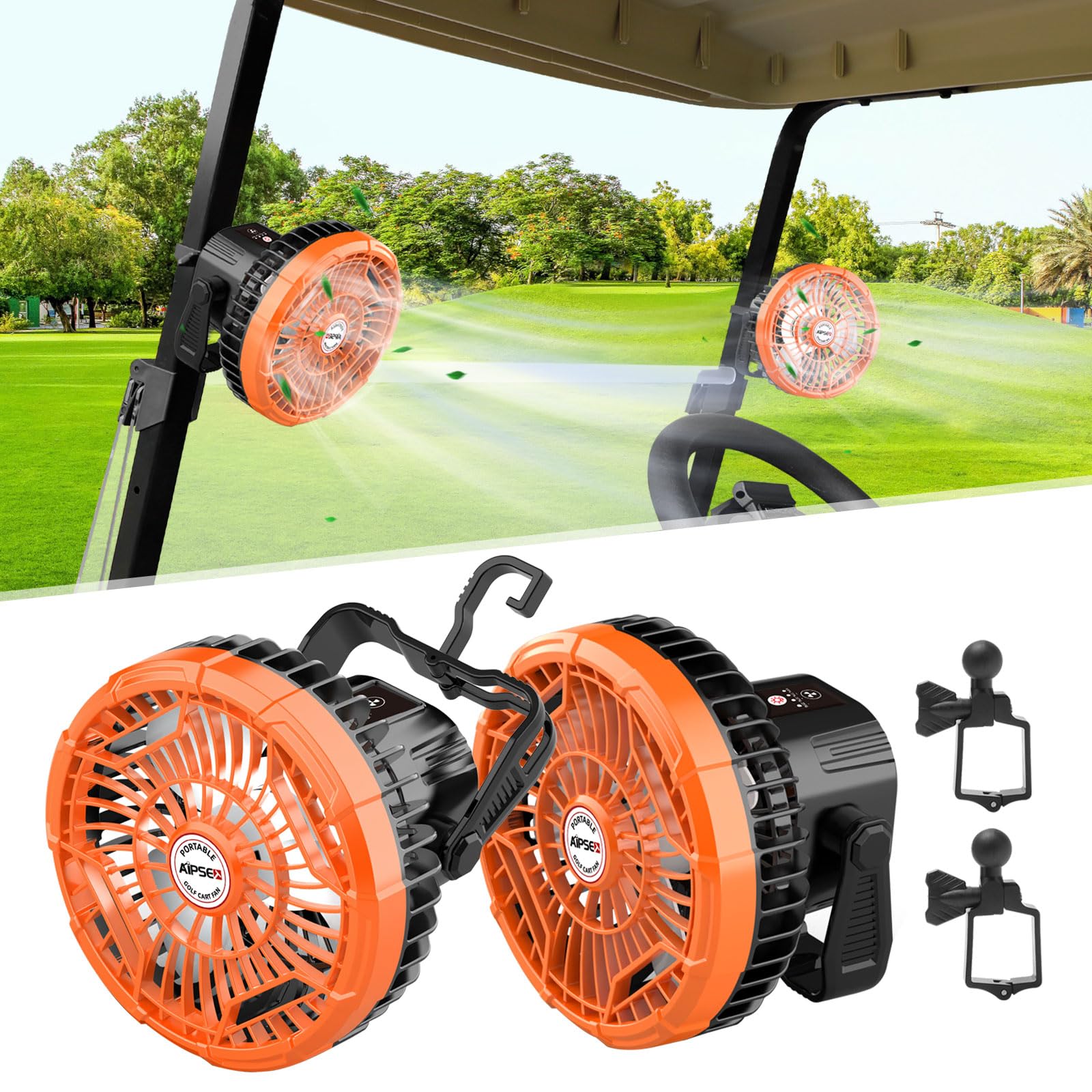 Aipset Rechargeable Golf Cart Fan, 10400Mah Battery, 3-Speed, Led Light, 36 Hrs Work, Remote Control, Hang Hook, Usb & Type C Po