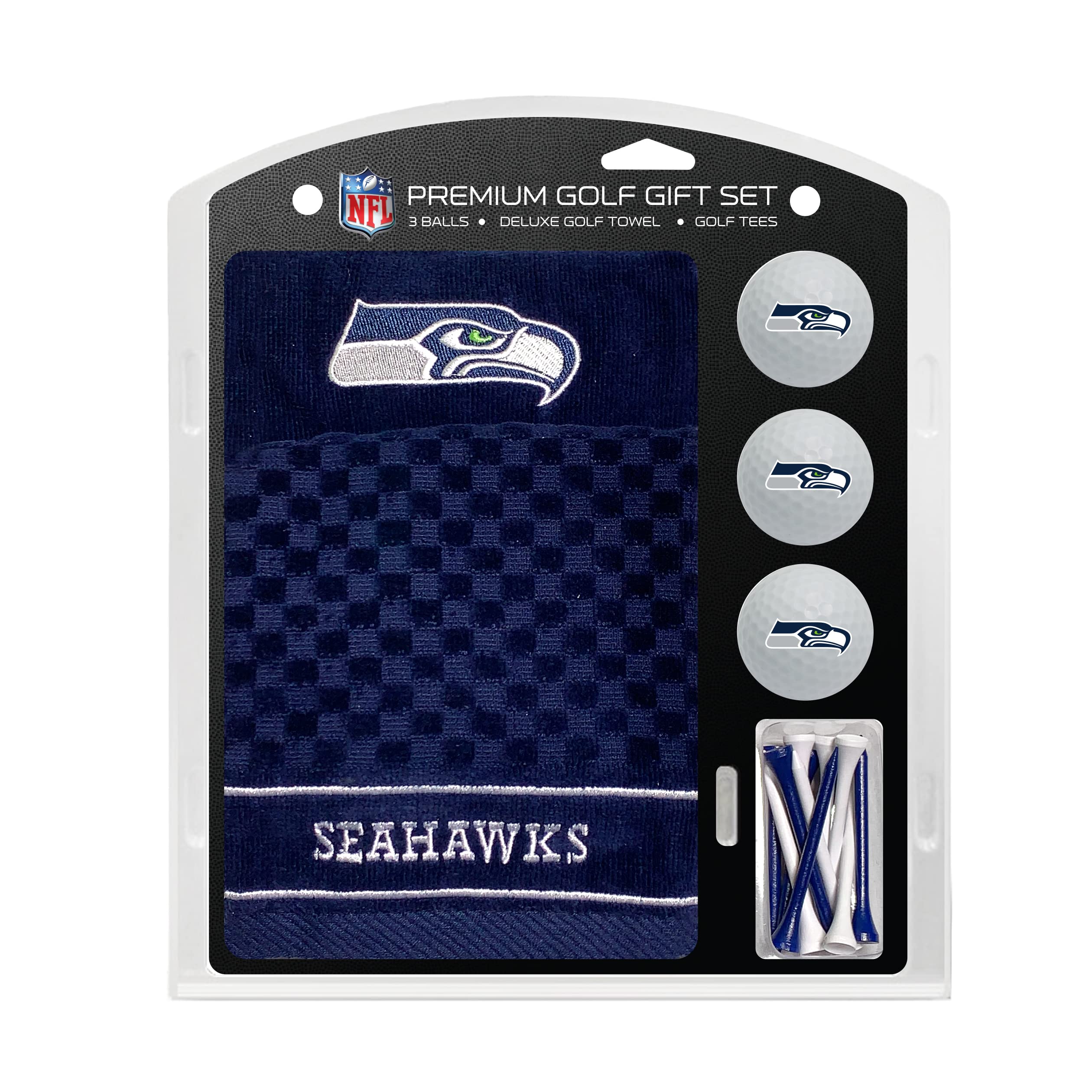 Team Golf NFL Seattle Seahawks Gift Set: Embroidered Golf Towel, 3 Golf Balls, and 14 Golf Tees 2-3/4 Regulation, Tri-Fold Towel