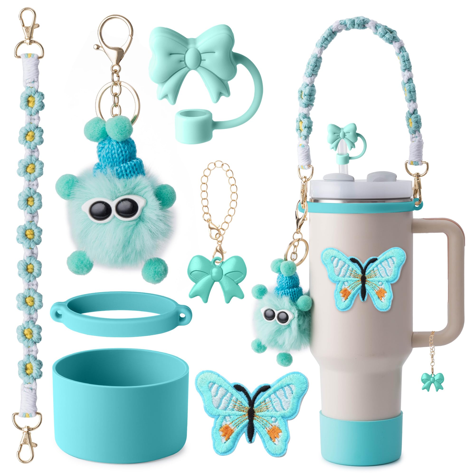 Stanley Cup Accessories Set I Water Bottle Handle Strap, Silicone Cup Boot, Butterfly Sticker, Keychain Charms & Handle Charms,B