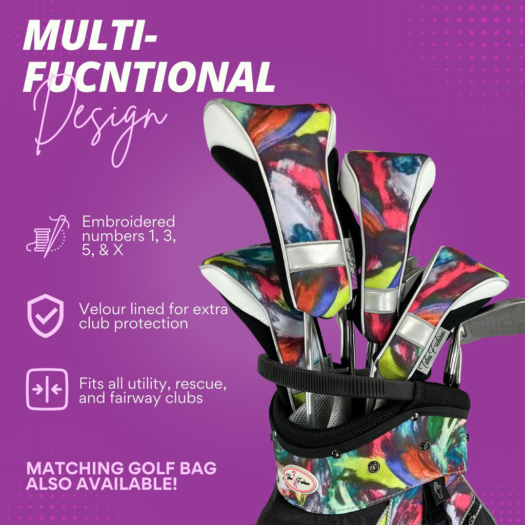 Womens Designer Golf Club Covers 4 Pack - Taboo Fashions Numbered Head Covers For Driver Woods & Hybrid - Weather/Moisture Resis
