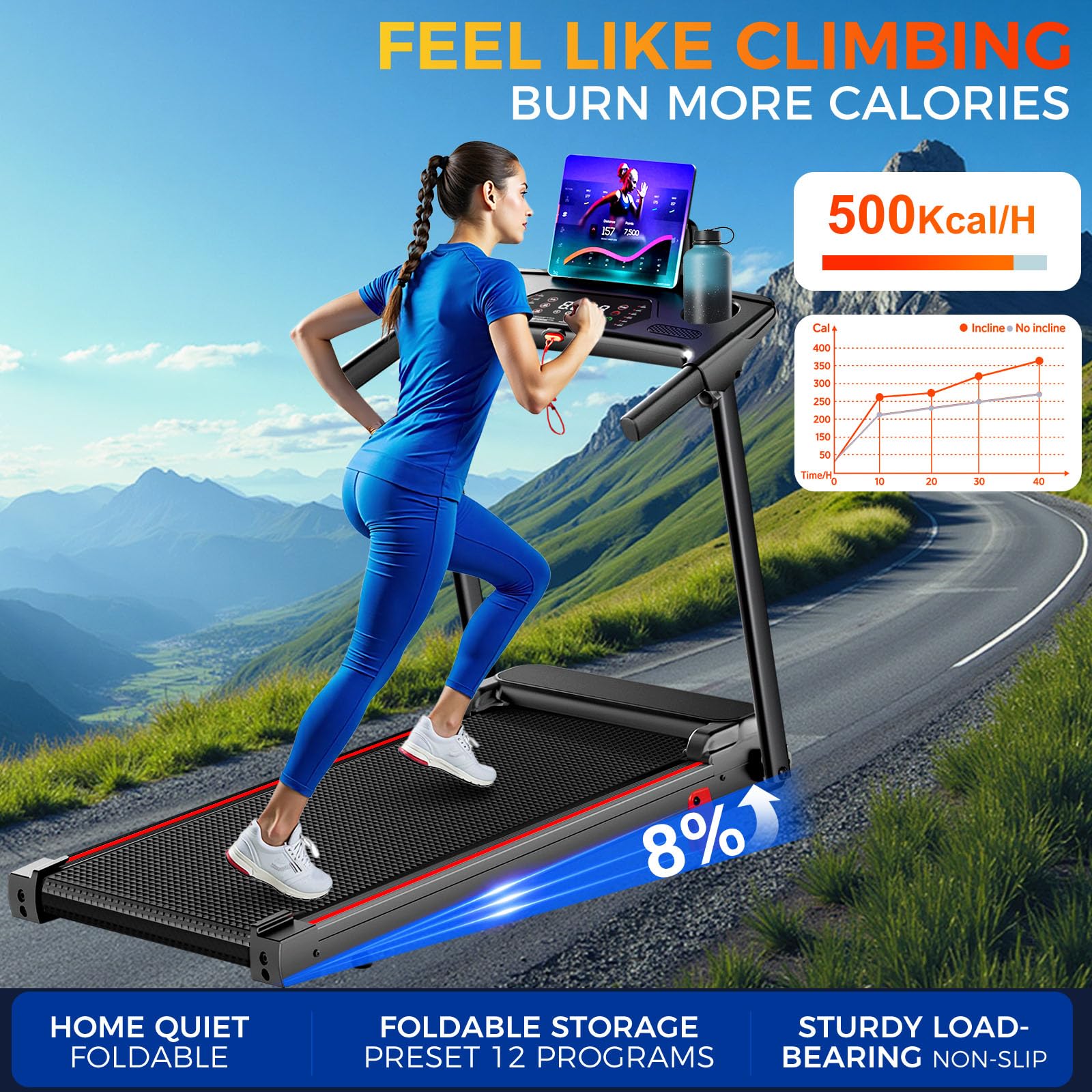 Treadmill with 8% Incline, Walking Pad Treadmill with Handle Bar, Portable Folding Treadmills for Running and Walking, 3.0HP Bru