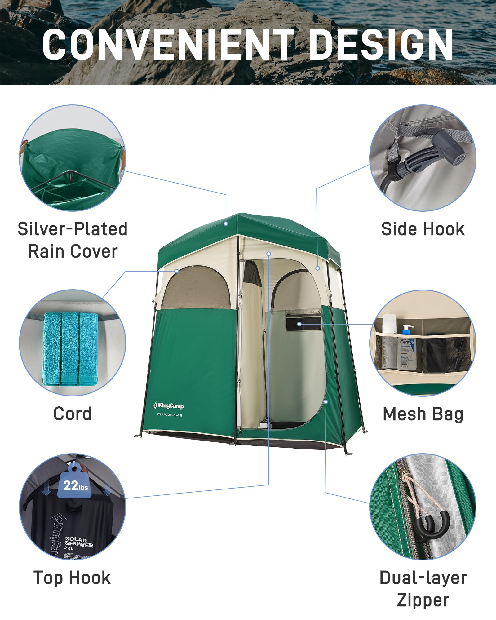 Kingcamp Shower Tent, Portable Privacy Tent Outdoor Camping 1/2 Room Toilet Tents With Shower Bag & Dressing Room For Travel Bea