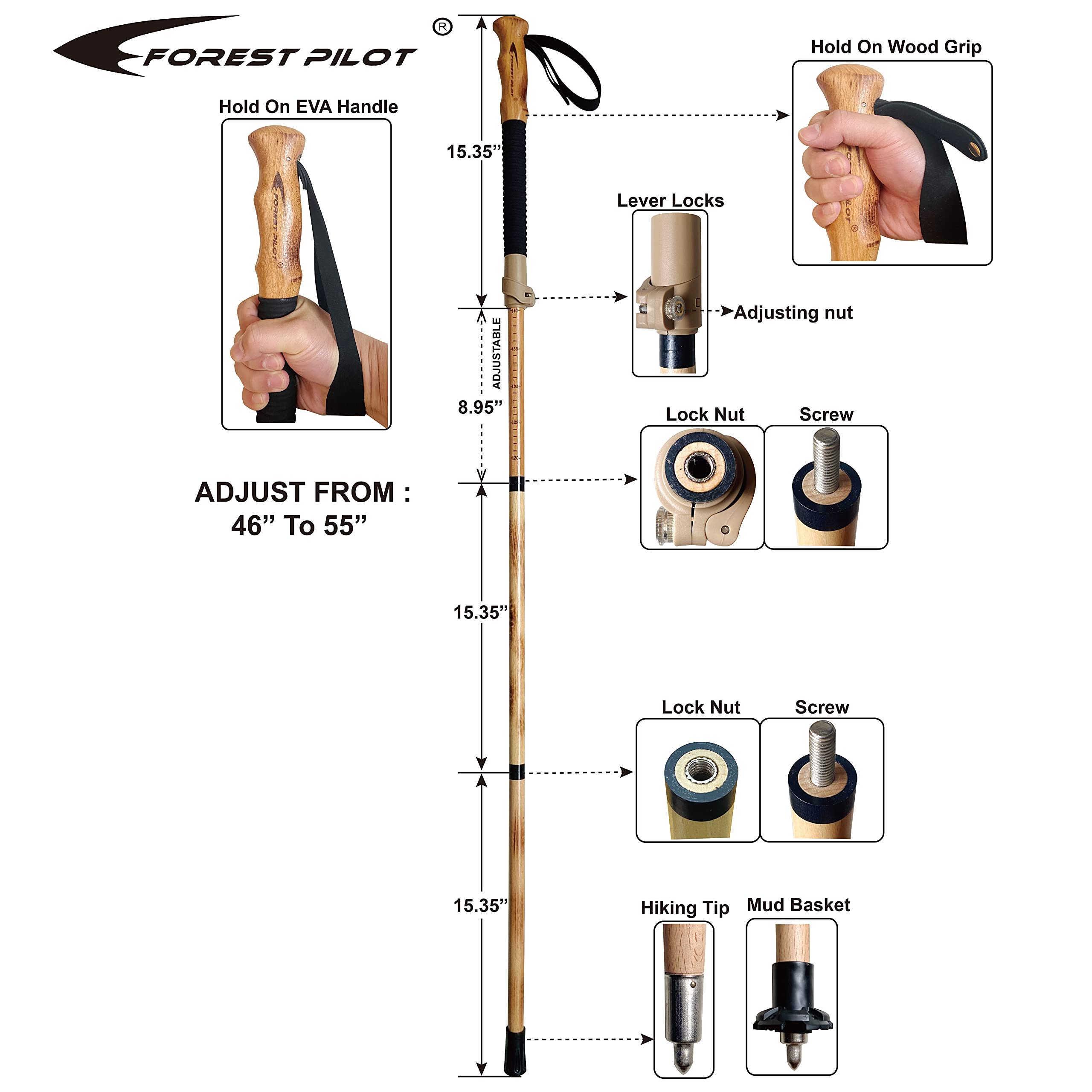 Forest Pilot Trekking Poles- 1-Pc Pack - Adjustable Hiking Or Walking Stick -Strong, Natural Beech Wood - Quick Adjust Flip-Lock