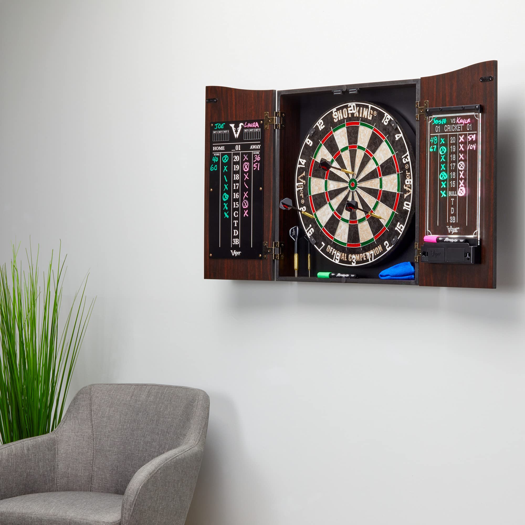 Viper By Gld Products Vault Deluxe Dartboard Cabinet With Shot King Sisal Dartboard And Illumiscore Scoreboard, Wood