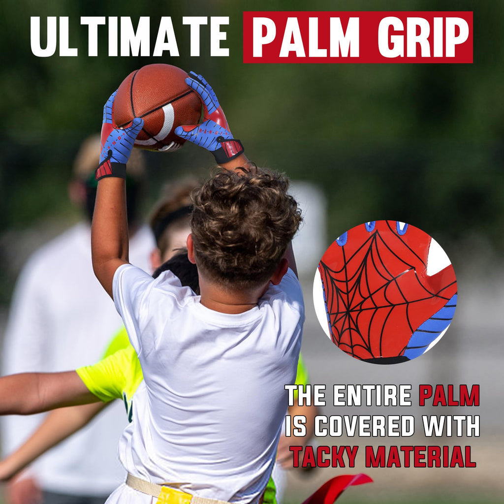 AIGEVTURE Youth Football Gloves Kids Inspired Receiver Gloves Boys Girls Unmatched Grip Comfort Blue and Red Large
