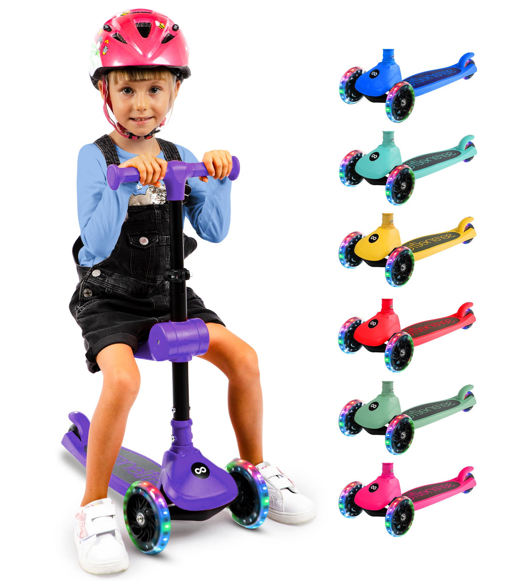 SereneLife 3 Wheel Scooter for Toddlers & Kids, Foldable Seat, LED Wheels, Adjustable Handlebar, Anti-Slip Deck, Rear Foot Brake