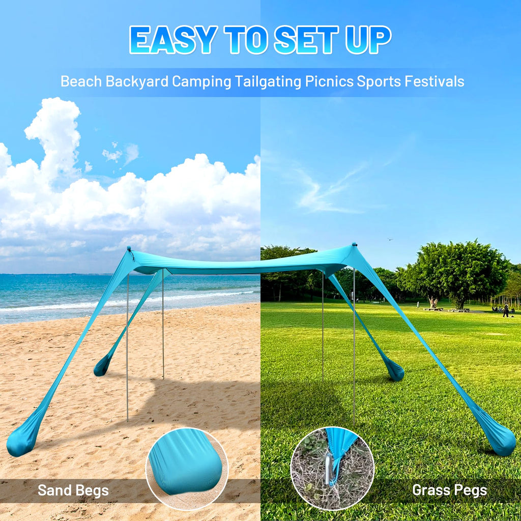 Botindo Family Beach Tent Canopy Sun Shade, Pop Up Grande Beach Tent Sun Shelter Stability 4 Poles With Portable Carry Bag Outdo