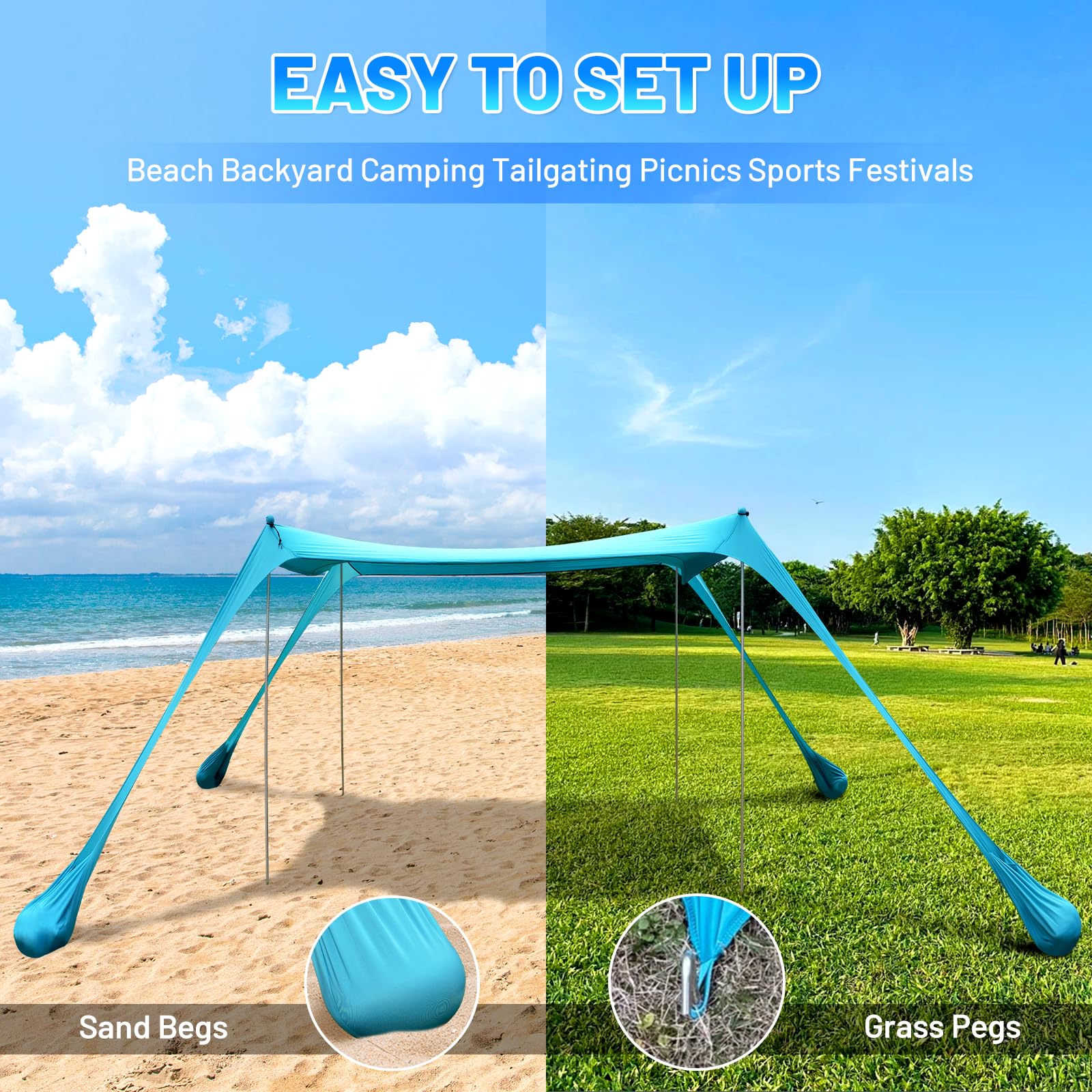 Botindo Family Beach Tent Canopy Sun Shade, Pop Up Grande Beach Tent Sun Shelter Stability 4 Poles With Portable Carry Bag Outdo