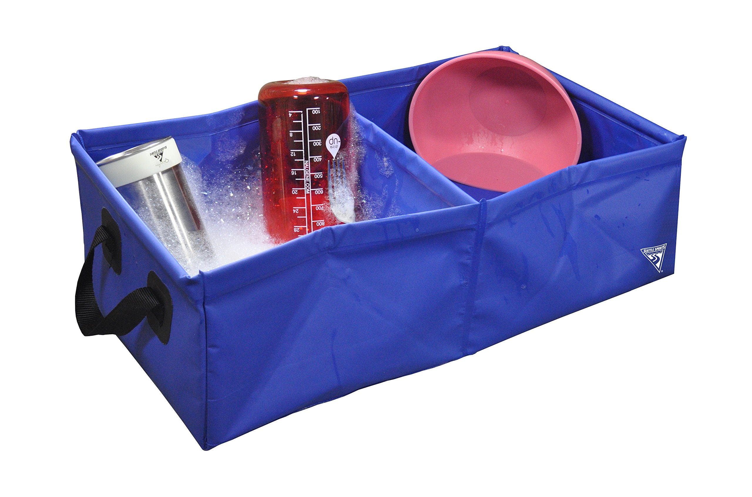 Seattle Sports Collapsible Square Pack Sink Dual Dish Wash Basin For Camping, Outfitter Class, Double Basin, 25 Liter, Blue