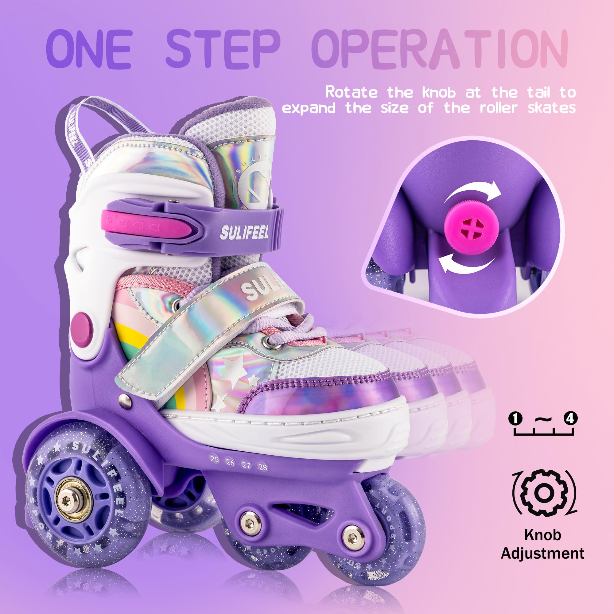 Sulifeel Rainbow Unicorn 4 Size Adjustable Light Up Toddler Roller Skates For Girls And Boys For Kids Purple