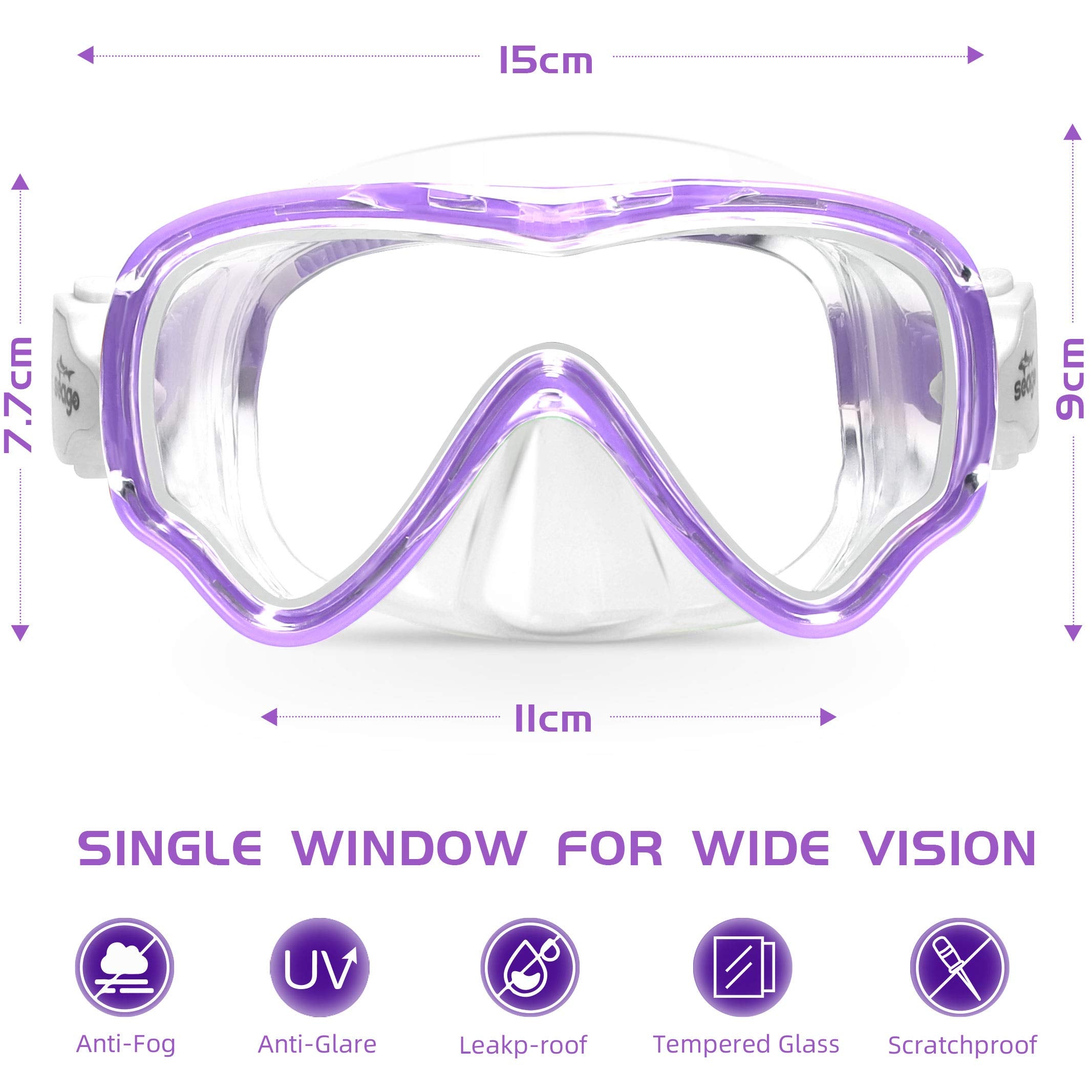 Seago Swimming Mask Swim Diving Scuba Mask Snorkel Gear for Kids Boys Girls Youth, Anti-Fog 180 Panoramic View Soft Silicone Ski