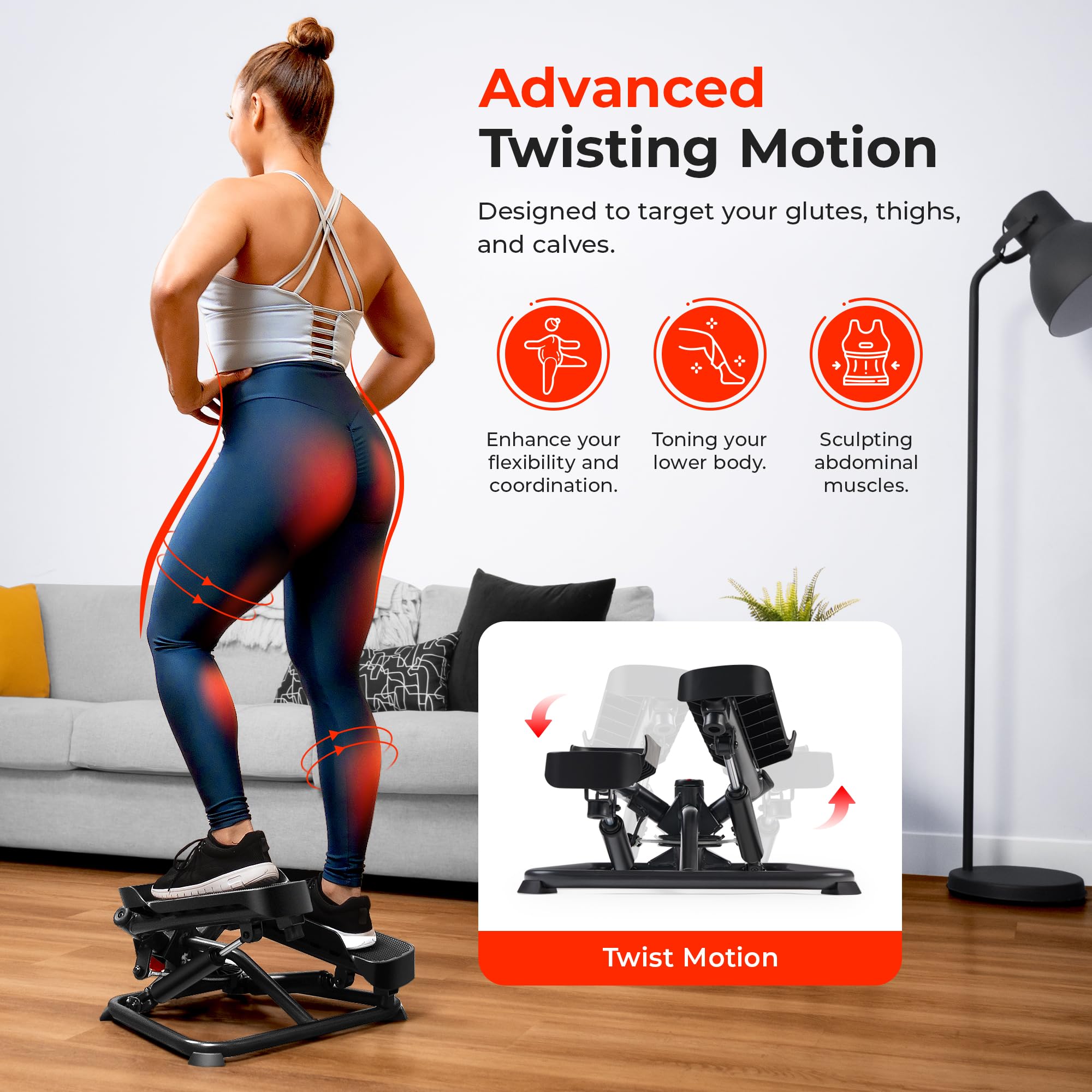 Sunny Health & Fitness Advanced Twist Stepper Machine Workout Cardio Mini Stair Master Climber Thigh Space Twist Stepper Resista