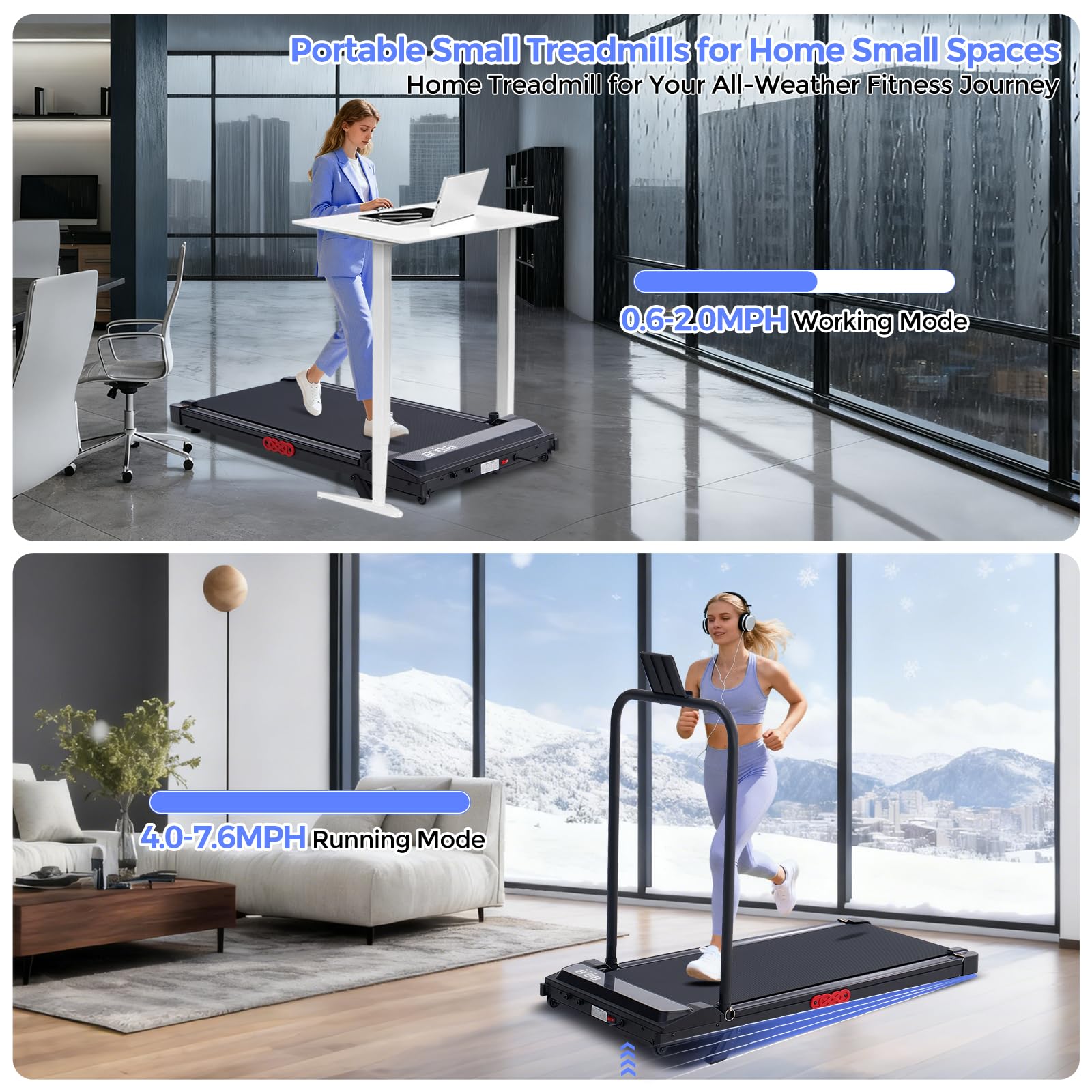 Electric Treadmills for Home with Incline, Walking Pad Treadmill with Handle Bar, 0.6-7.6MPH Portable Small Treadmills with Hand