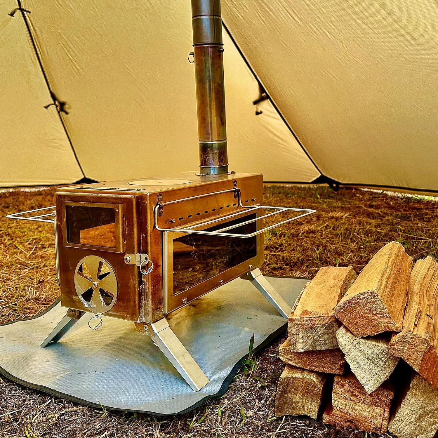 Wood Stove, Camping Wood Stove Include View Glass, Portable Wood Stove With 7 Stainless Steel Insulated Chimneys For Shelter, Hu