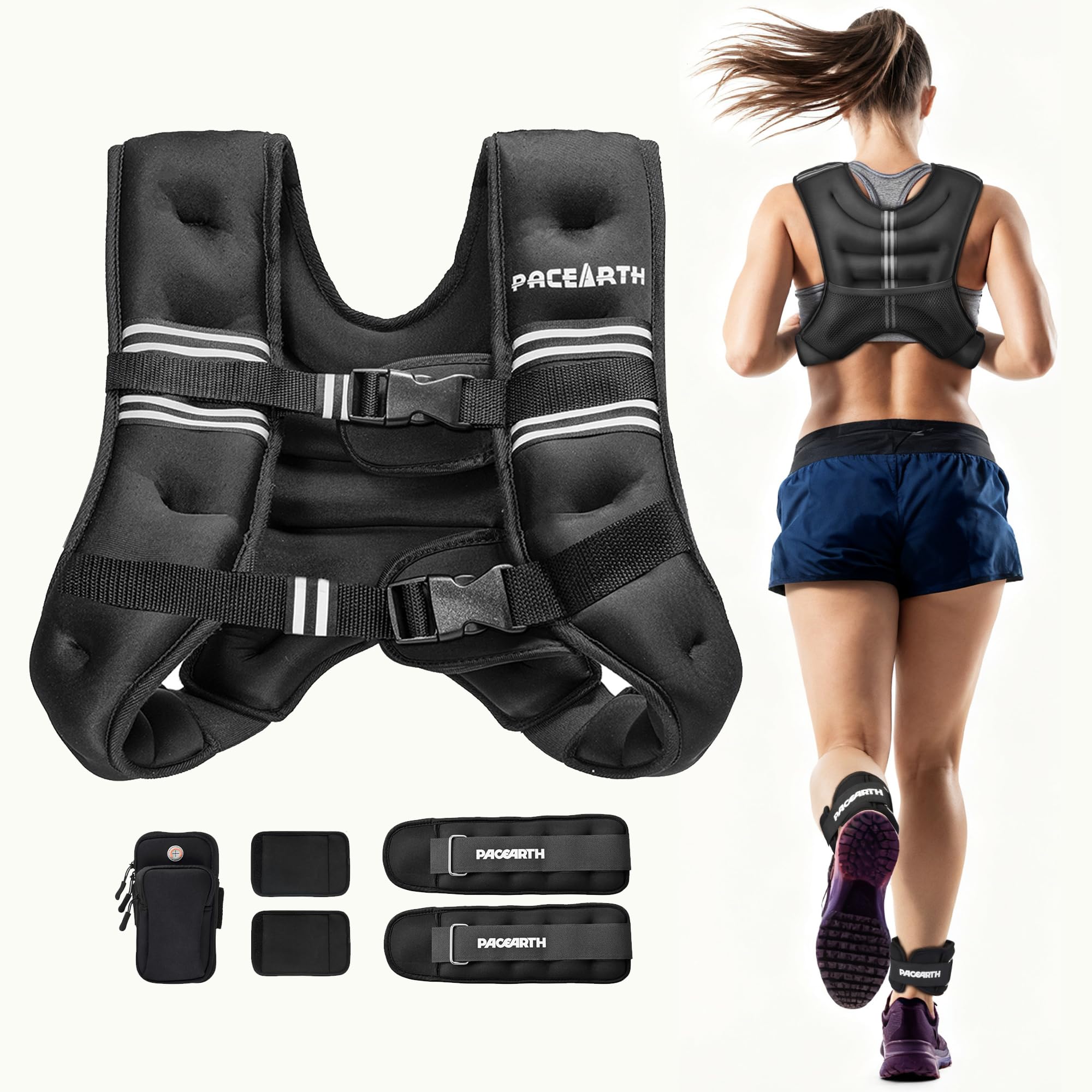 PACEARTH Weighted Vest,6lb/8lb/10lb/12lb/16lb/20lb/25lb/30lb Weight Vest with Reflective Stripe, Body Weight Vests for Women, Me
