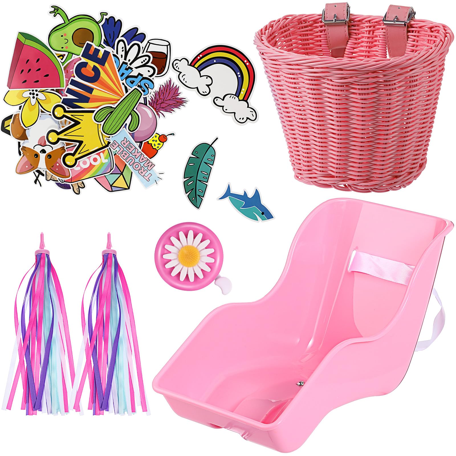 Aurelema Doll Bike Seat with 30 Pcs Stickers Decals Bike Basket for Kids Bike Handlebar Streamers Colorful Ribbons Tassel Daisy 