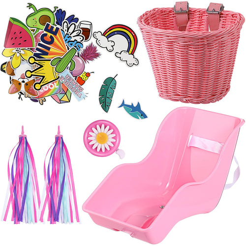 Aurelema Doll Bike Seat with 30 Pcs Stickers Decals Bike Basket for Kids Bike Handlebar Streamers Colorful Ribbons Tassel Daisy 