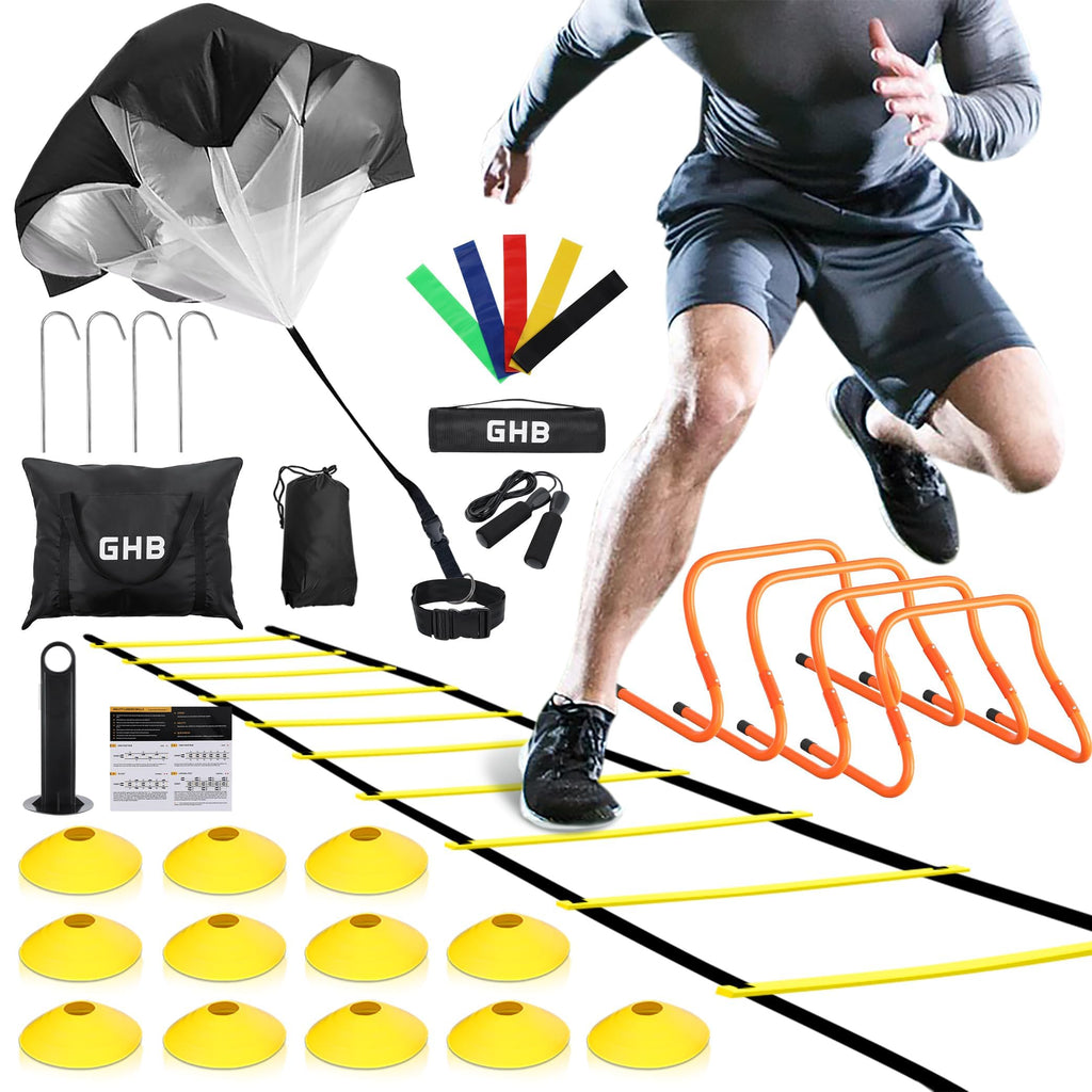 GHB Agility Ladder,Football Training Equipment Set,4 Agility Hurdles, 20 feet 12 Rungs Speed Ladder,12 Disc Cones,Resistance Par
