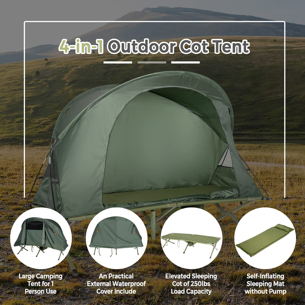 Tangkula 4-In-1 Camping Cot Tent, Foldable Off Ground Elevated Tent Set For 1 Person, Portable Tent With Waterproof External Cov