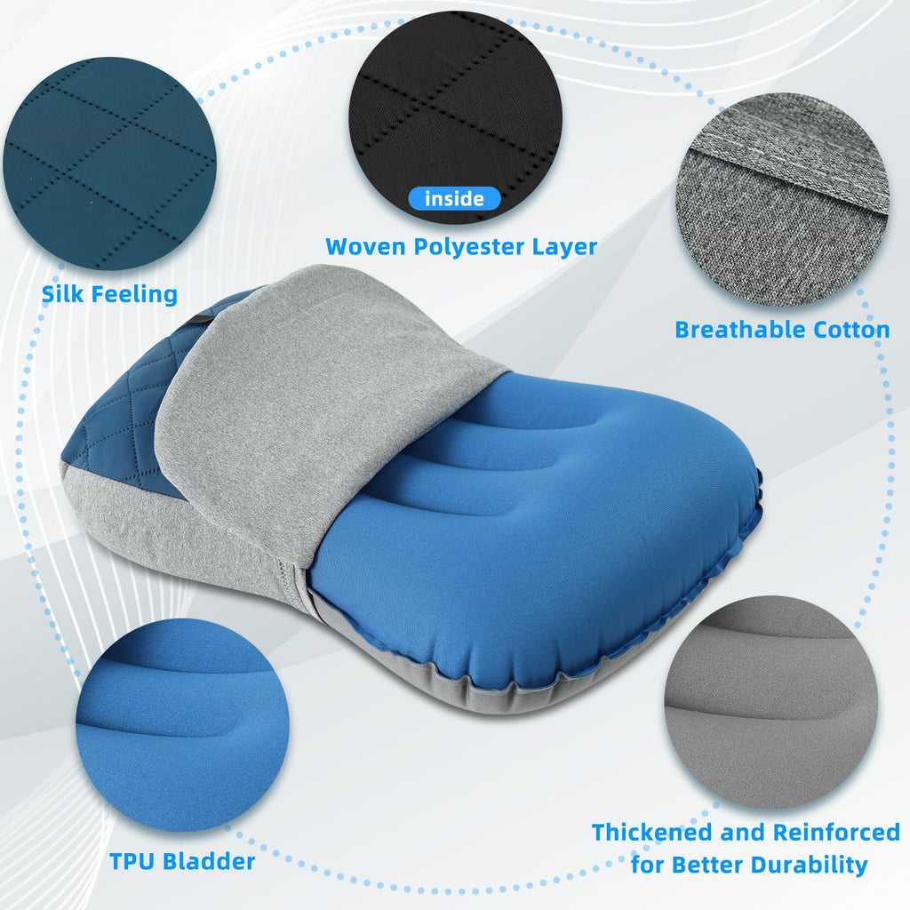 Camping Pillow With Removable Cover- Inflatable Pillow - Travel Pillows For Backpacking & Airplane, Lumbar Support Blow Up Pillo