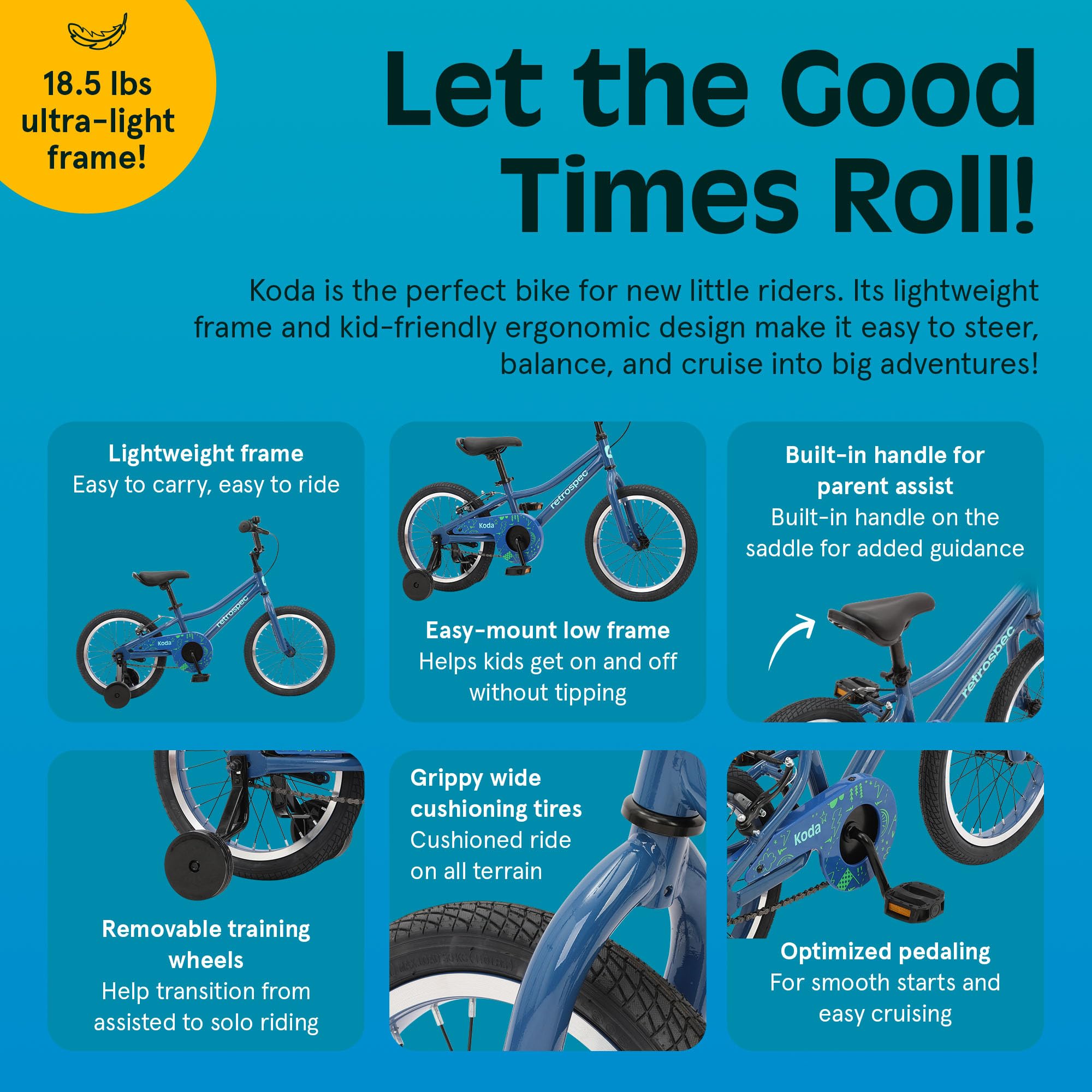 Retrospec Koda 16in Kids Bike with Training Wheels - Adjustable Height Beginner Bicycle for Ages 4-6 - Dual Brake System, Safety
