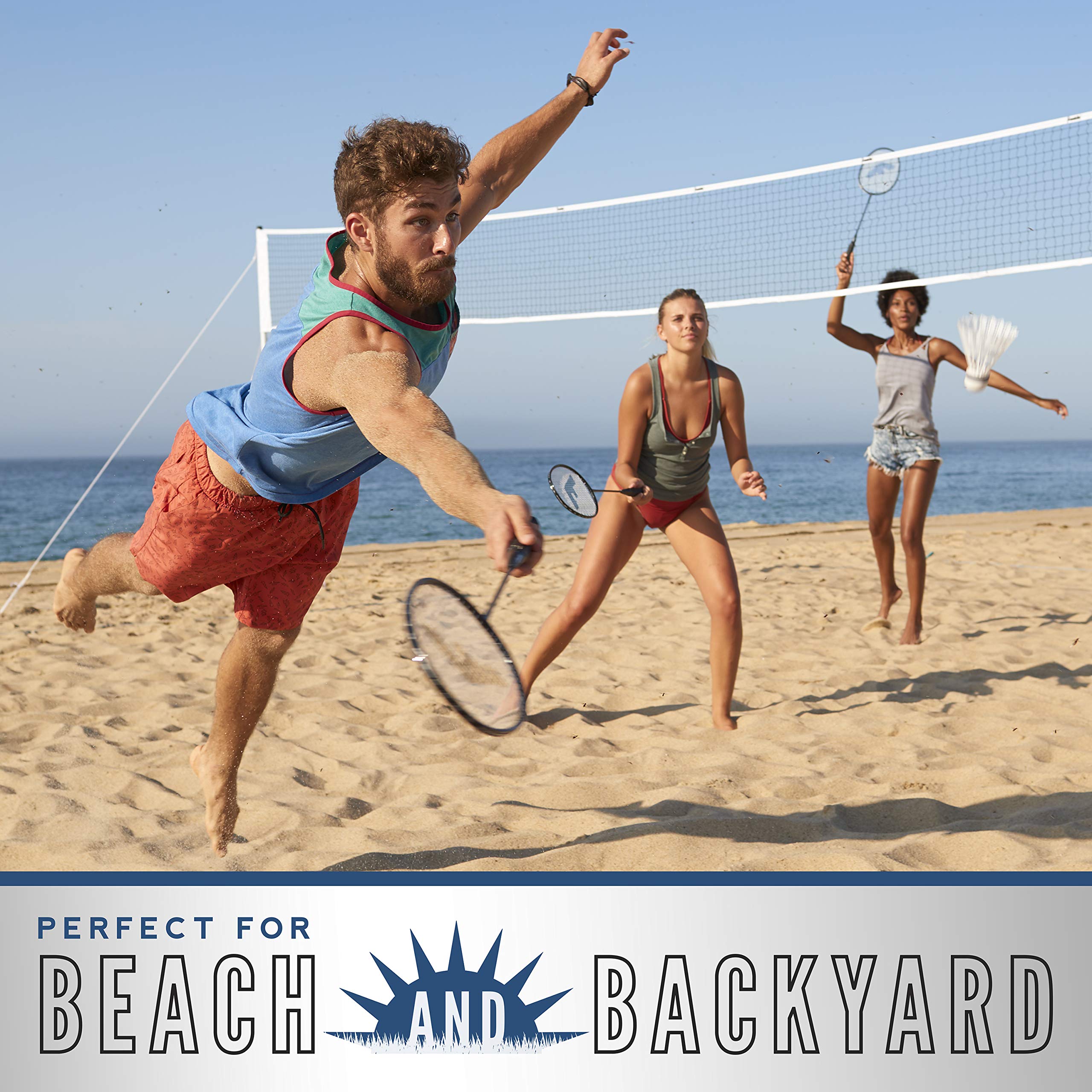 Franklin Sports Badminton Net Set - 4 Aluminum Rackets, 2 Birdies, Adjustable Net And Stakes - Backyard Or Beach Badminton Set -