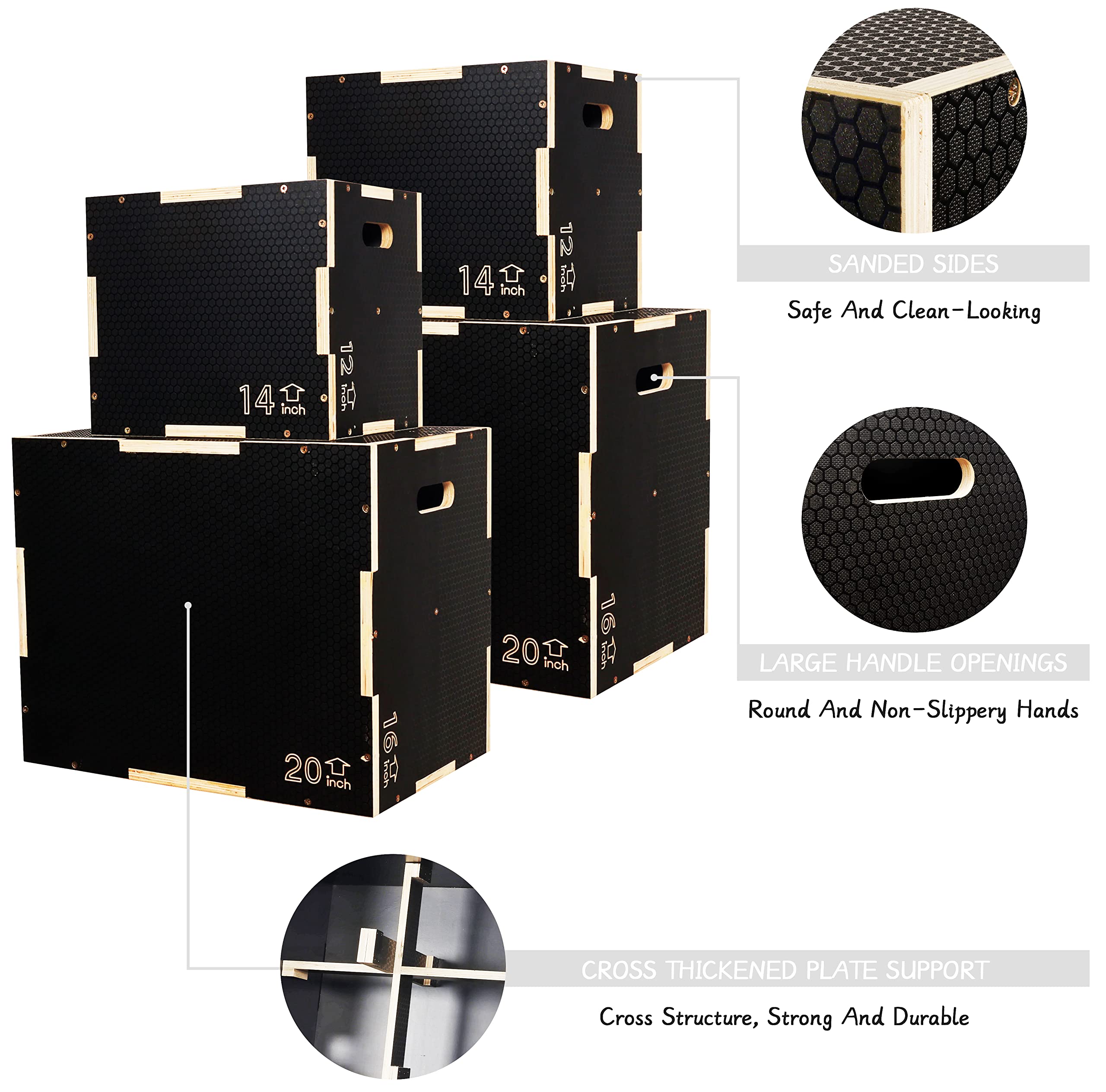 Fitvids 3 In 1 Non-Slip Wooden Plyo Box Plyometric Box Jumping Exercise, 12X14X16 Inches, Black