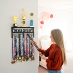 Agathos Home Medal Hanger Display With Trophy Shelf - Metal Awards Rack For Walls Holds 64+ Sports Medals- Never Give Up 16'' Me